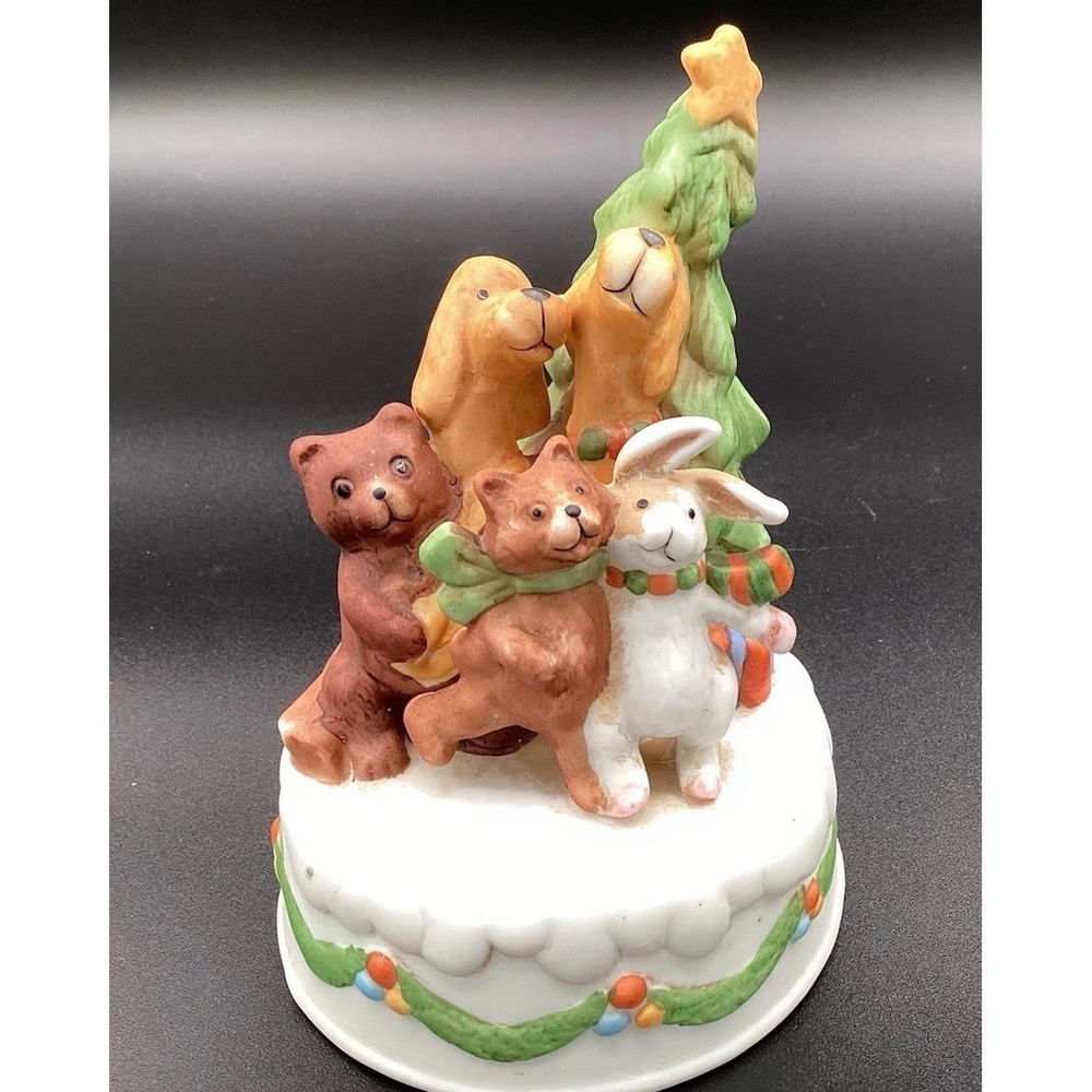 VTG Ceramic‎ Christmas Music Box Woodland Animals & Christmas Tree Works!
